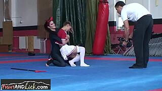 Hey, watch this cute teen get orally satisfied by her wrestling buddy after a hot match