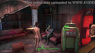 Fallout 4 features power armor in an exciting game scenario with a brunette character