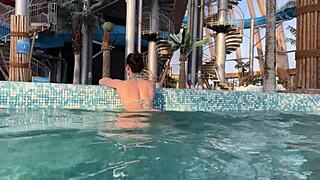 Pick up at aquapark turns into quick locker room action with blowjob and doggy.