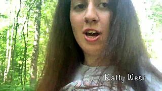 Teen strolls in public park for a quick pee and chat