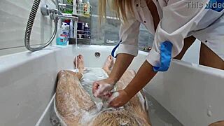 Stepmom washes naked stepson ignoring his huge excited cock