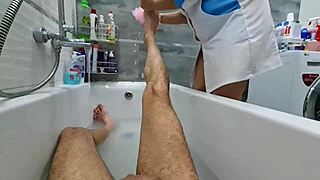 Stepmom washes naked stepson ignoring his huge excited cock