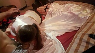 european slut in white mini skirt and satin lingerie passionately sucks, feeling ecstatic arousal