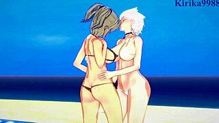 imu and miyabi have intense lesbian play and futanari sex in this senran kagura hentai, i love it
