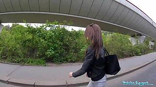 Public agent hooks up for cowgirl riding in wild outdoor fuck