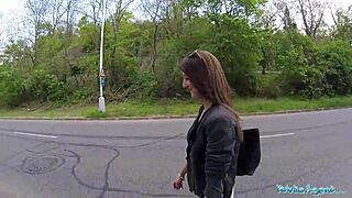 Public agent hooks up for cowgirl riding in wild outdoor fuck