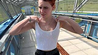 Risky public sex on pedestrian bridge with rough pussy pounding