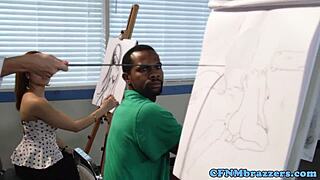 Whoa, CFNM professor swapping cum with a nude model is wild!