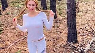 Horny teen gives a public blowjob and plays with cum in forest POV