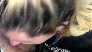 The tattooed slut swallows cum after sloppy blowjob.