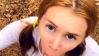 Horny teen gives a public blowjob and plays with cum in forest POV
