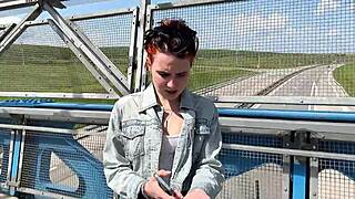Risky public sex on pedestrian bridge with rough pussy pounding