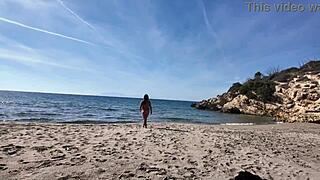 Curvy stranger nudist caught with voyeur on beach using funny dildo. Bye bye privacy!