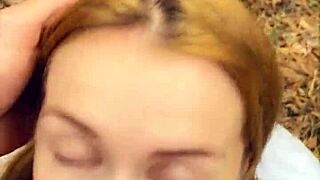 Horny teen gives a public blowjob and plays with cum in forest POV