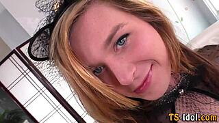 Shemale in lingerie bangs female hard with raw facial finish.