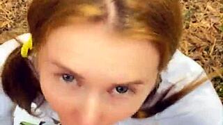 Horny teen gives a public blowjob and plays with cum in forest POV