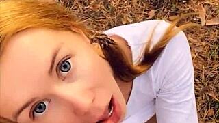 Horny teen gives a public blowjob and plays with cum in forest POV