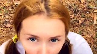 Horny teen gives a public blowjob and plays with cum in forest POV