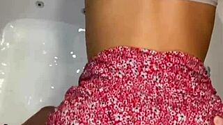 In the jacuzzi, a hot tall brunette teen 18+ gets wet clothed sex with big cock and monster cock babe.