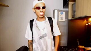 Skinny gay shows off his big cock in a homemade video