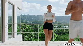 vixen ema, hard-bodied and wild, gives her gym buddy an intense sweaty workout with deep action