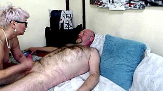 a mature whore sucks dick so well for her bald partner. cum all over her face!