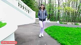 jeny smith flashes white pantyhose in sporty outdoor look