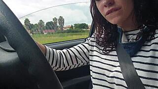 Skinny Brunette Masturbates Tight Pussy Outside Her Car