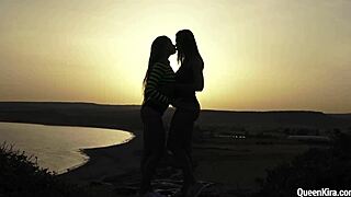 Kira queen and brunette masturbate with toys outdoors