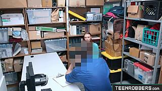 hottie redhead is a thief and gets punished by burglar in shop