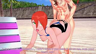 grown gwen in bikini having sex on public beach