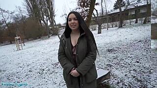 public agent spanish brunette flashes big natural tits in the snow