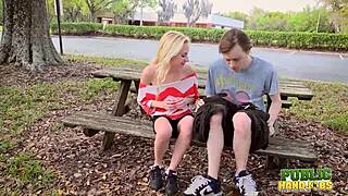 Public Handjob Audition: Blonde Odette Delacroix Strokes Fame at Park for Cumshot