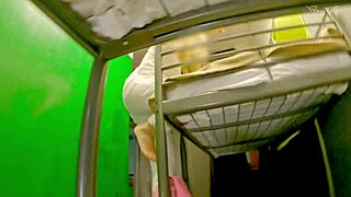 hostel mixed room turns into shared bathroom handjob with cute neighbor