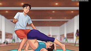 In the summertime saga, a gorgeous threesome unfolds with a horny milf in costumes at the gym, featuring big tits and ass.