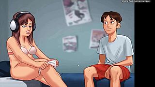 In the summertime saga, a gorgeous threesome unfolds with a horny milf in costumes at the gym, featuring big tits and ass.