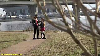 Shy teen bends over for deep stretching of her tight anus