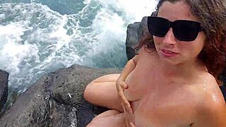 unexpected cumshot on the face of a nudist on the beach cuckold husband lover marked her