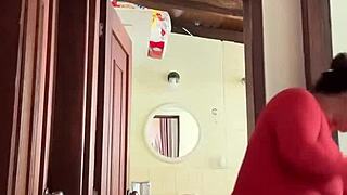 Cute milf masturbates in the bathroom for creampie.