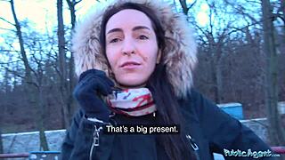 Public agent finds brunette with natural tits, pale skin, ready for cash! 💰