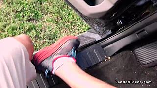 natural busty teen hitchhiker gets banged pov. her big tits bounce wild outdoors!