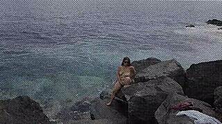 unexpected cumshot on the face of a nudist on the beach cuckold husband lover marked her