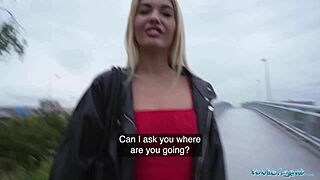 Public agent interviews a hot blonde in a sexy red dress