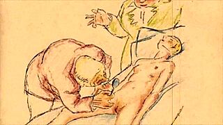 Vintage drawings depict erotic scenes of cartoon characters