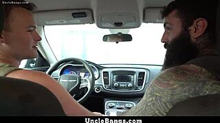 Stepson demonstrates he's ready to drive his daddy's car.