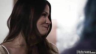 busty cheating tenant sneaks a lick on milf landlord's tits