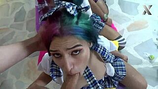 Jazmin Gets Her Throat Fucked Hard Kneeling Alongside Her Friends in Wild Domination.