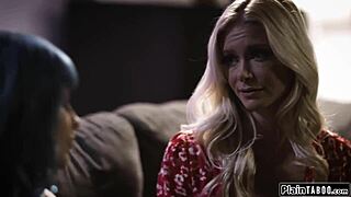 busty cheating tenant sneaks a lick on milf landlord's tits