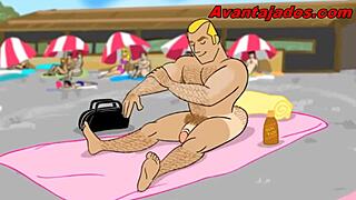 Gay cartoon with men having sex on the beach
