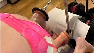 Barefoot sissy in kitchen takes dildos up ass.